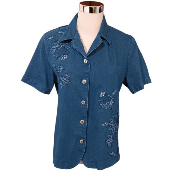 VINTAGE ALFRED DUNNER Stretch Denim Jean Top Shirt Blouse‎ 8 Floral Embroidery - Picture 8 of 9